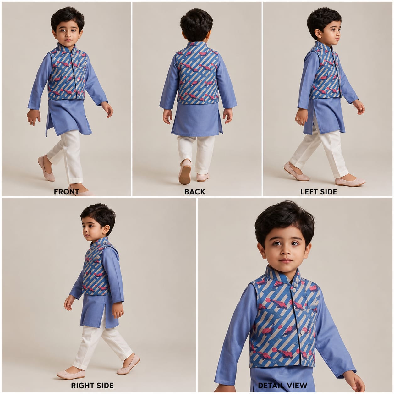 Pre Order: Blue Kurta With Peacock Printed Front Open Jacket And Pyjama