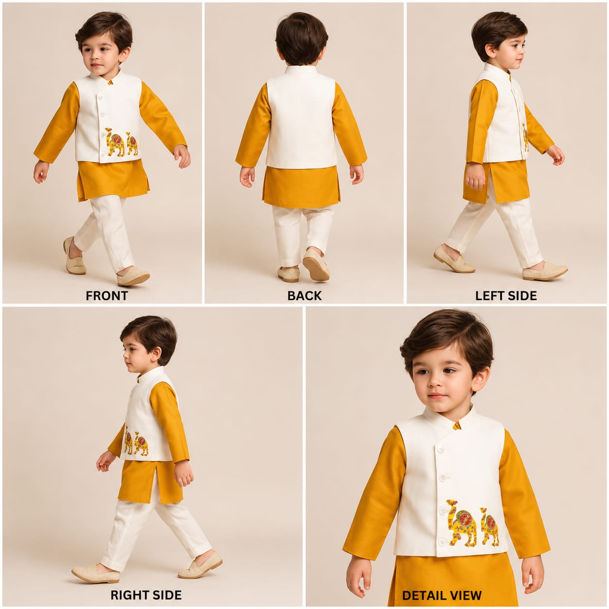 Pre Order: Mustard Kurta With Camel Embroidered Jacket And Pyjama