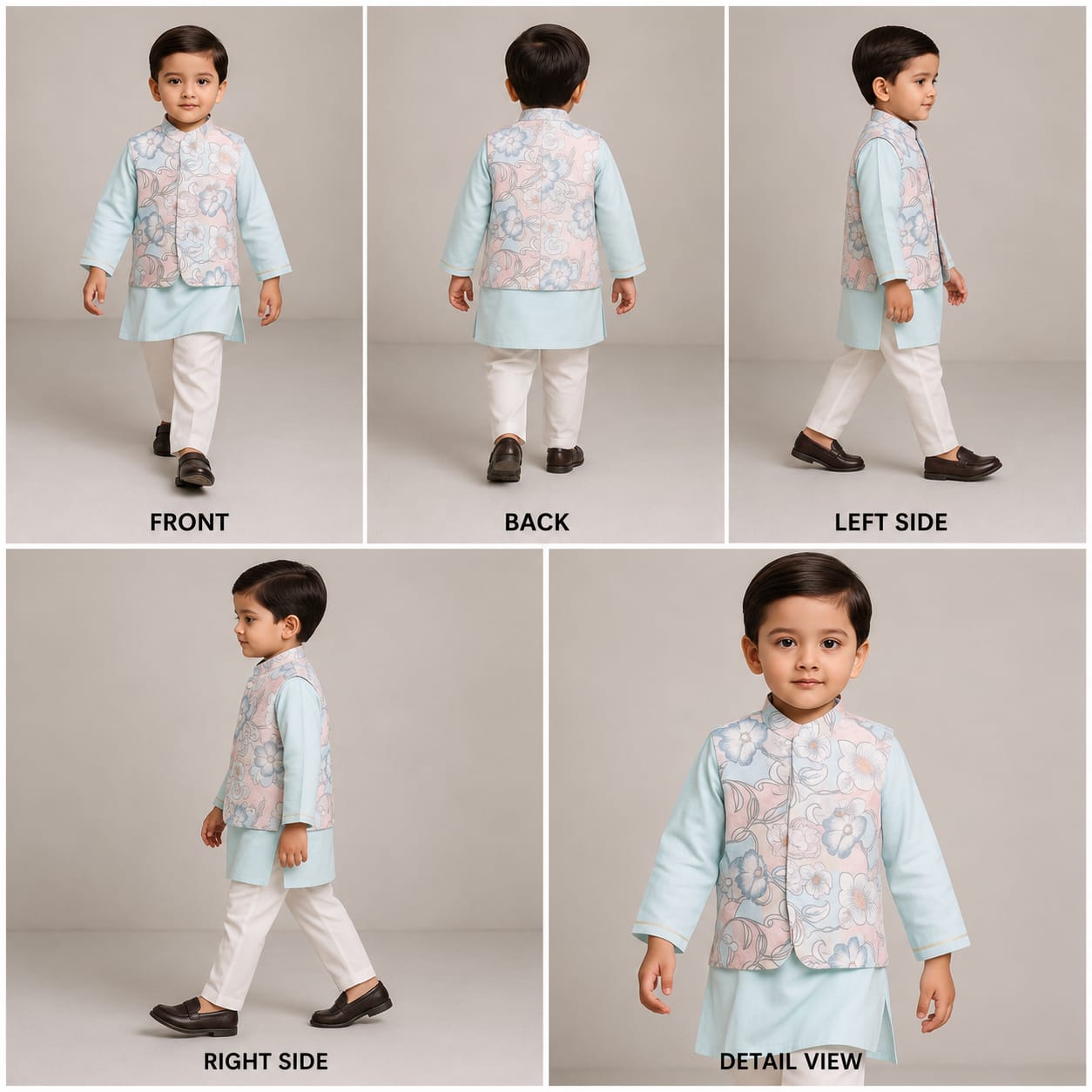 Pre Order: Vertical Gota Lace Work Blue Kurta With Embroidered Sleeveless Jacket And Pyjama