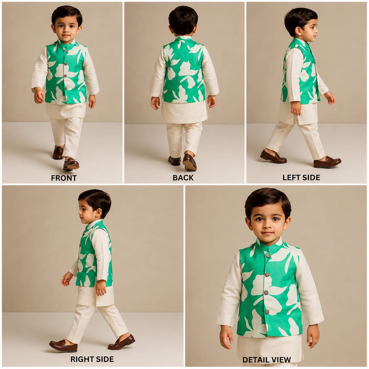 Pre Order: Off White Kurta With Green Printed Jacket And Pyjama