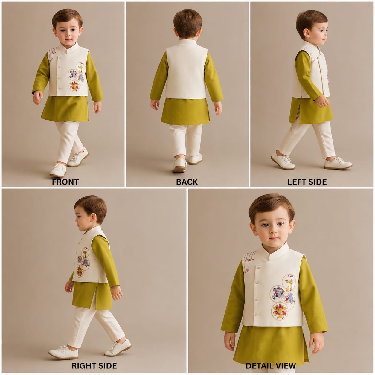 Pre Order: Plain Green Kurta With Jungle Animals Embroidered Jacket And Pyjama