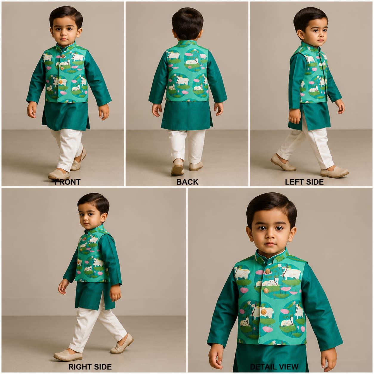 Pre Order: Silk Green Kurta With Front Open Pocket Detail Printed Jacket And Cotton Pyjama