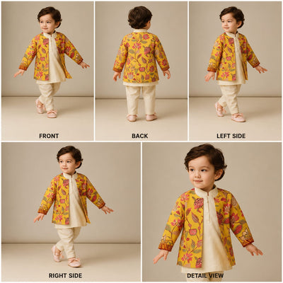 Pre Order: Loop Buttons Detail Kurta With Yellow Open Jacket And Pyjama