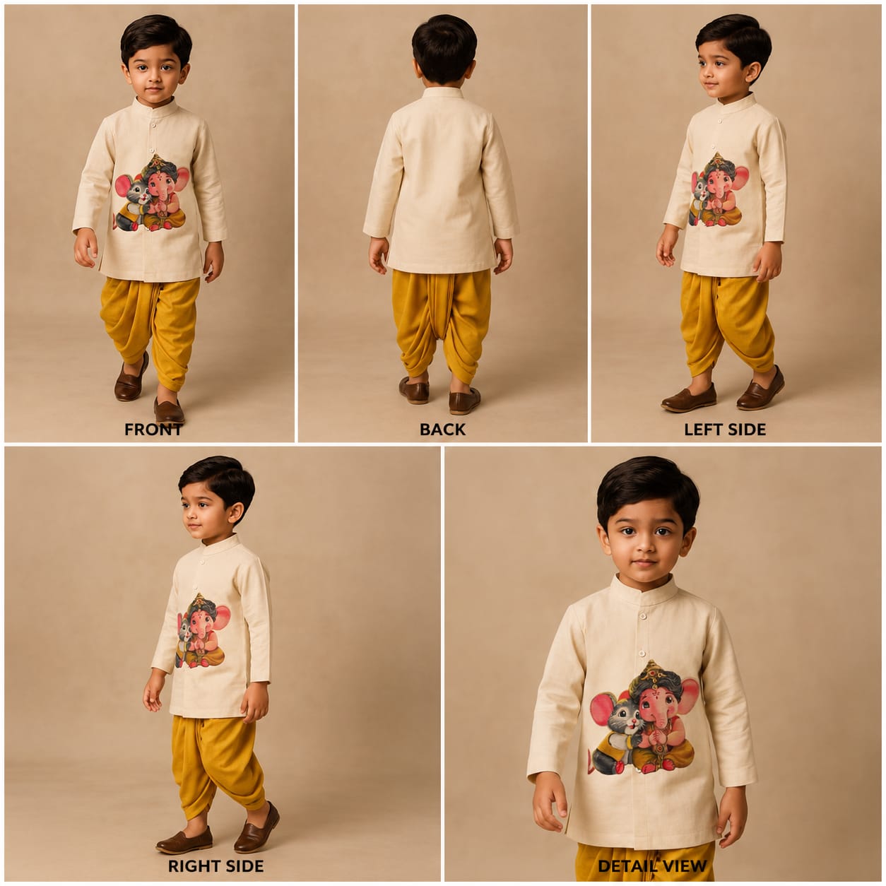 Pre Order: Off White Cute Mushak Ganesh Hand Painted Kurta With Yellow Dhoti