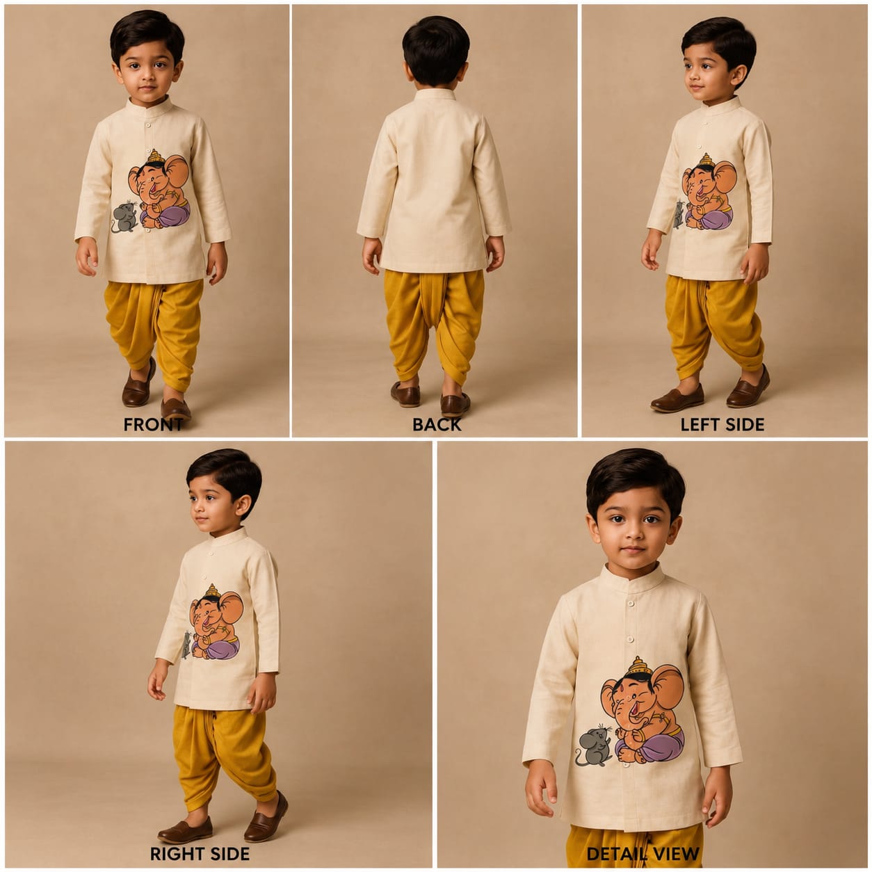Pre Order: Off White Mushak Ganesh Hand Painted Kurta With Yellow Dhoti