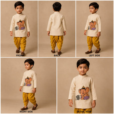 Pre Order: Off White Mushak Ganesh Hand Painted Kurta With Yellow Dhoti