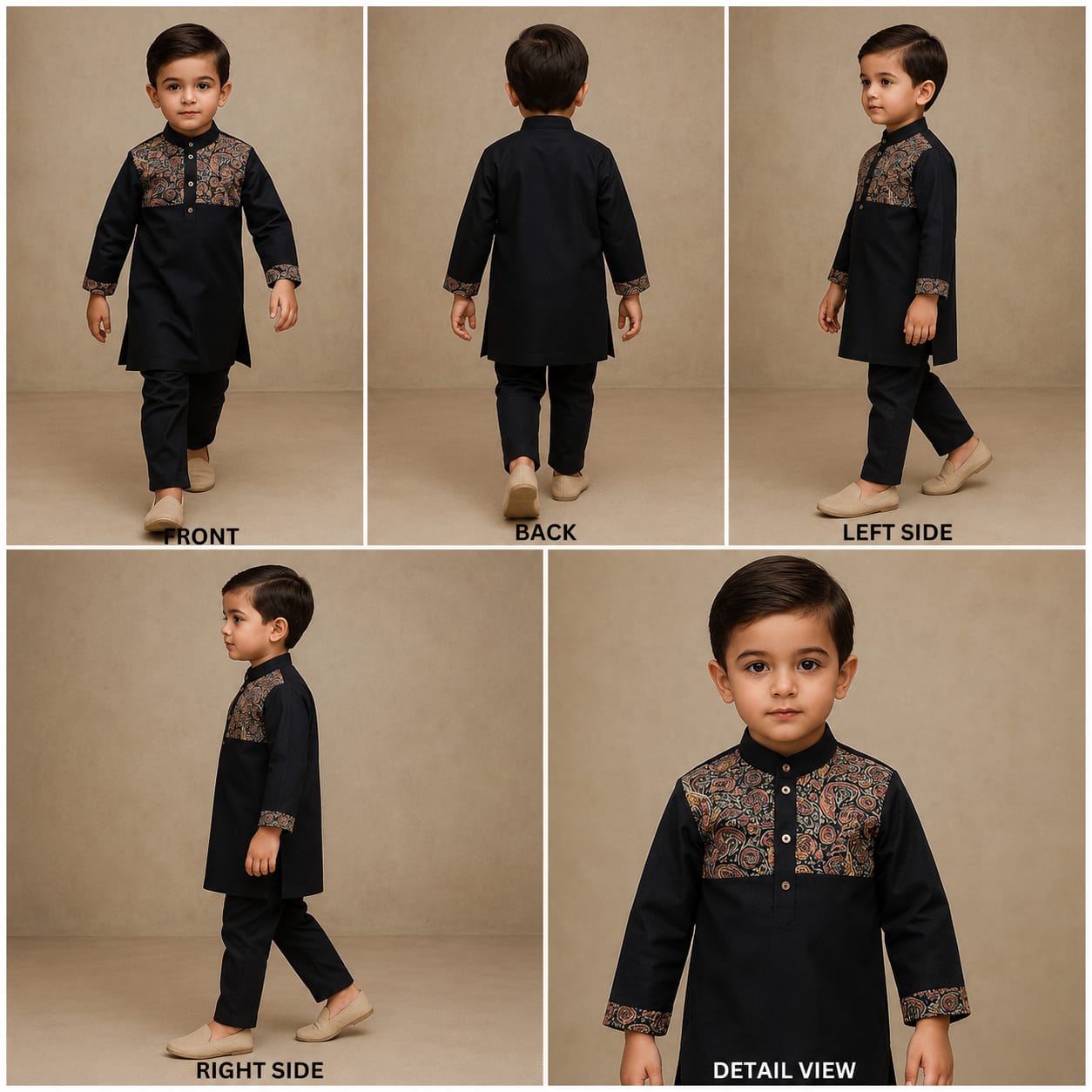 Pre Order: Printed Yoke Black Kurta And Pyjama