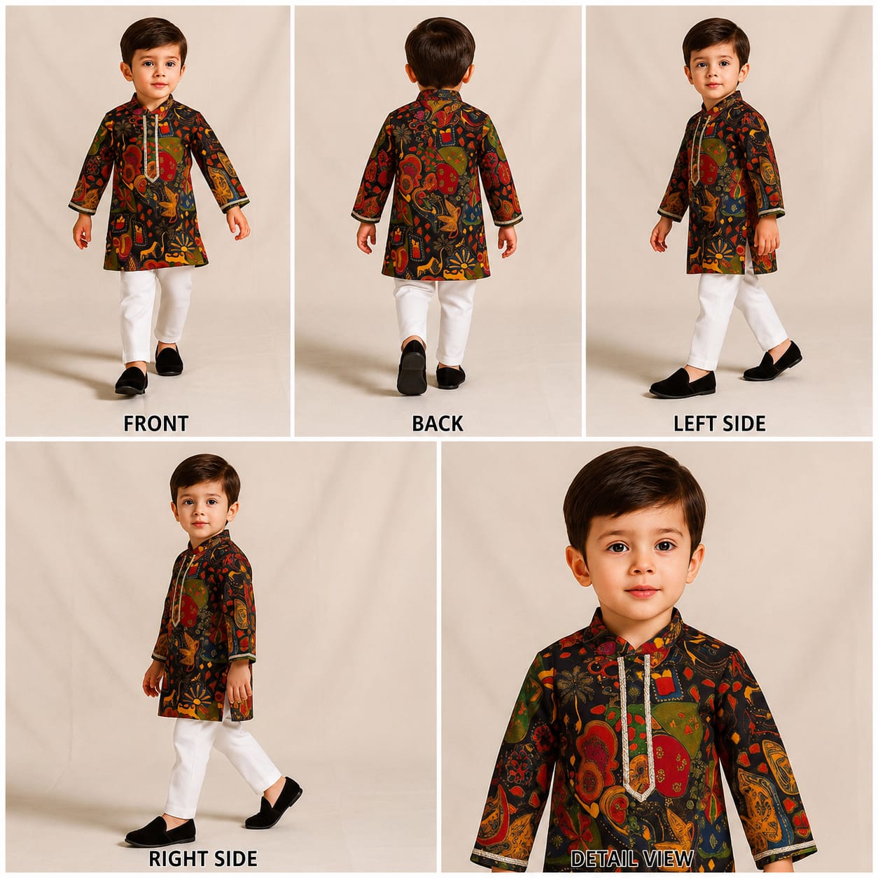 Pre Order: Lace Work Multicolour Printed Kurta With White Pyjama