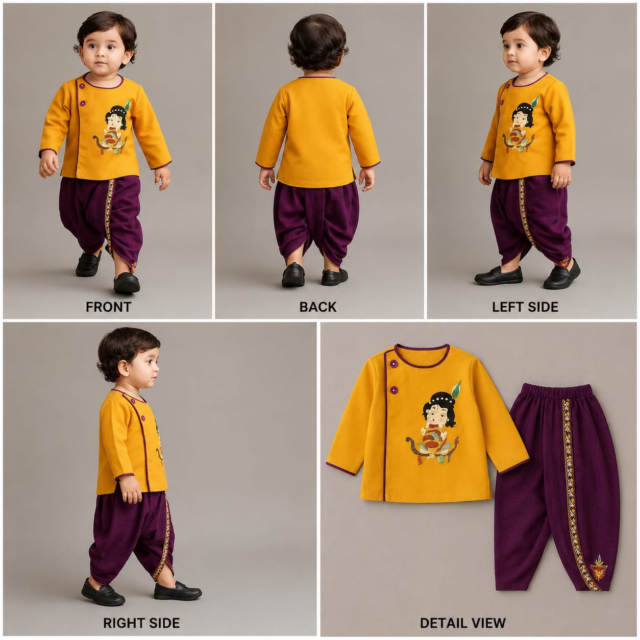 Pre Order: Hand-Embroidered Krishna Motif Angarkha Kurta With Purple Dhoti