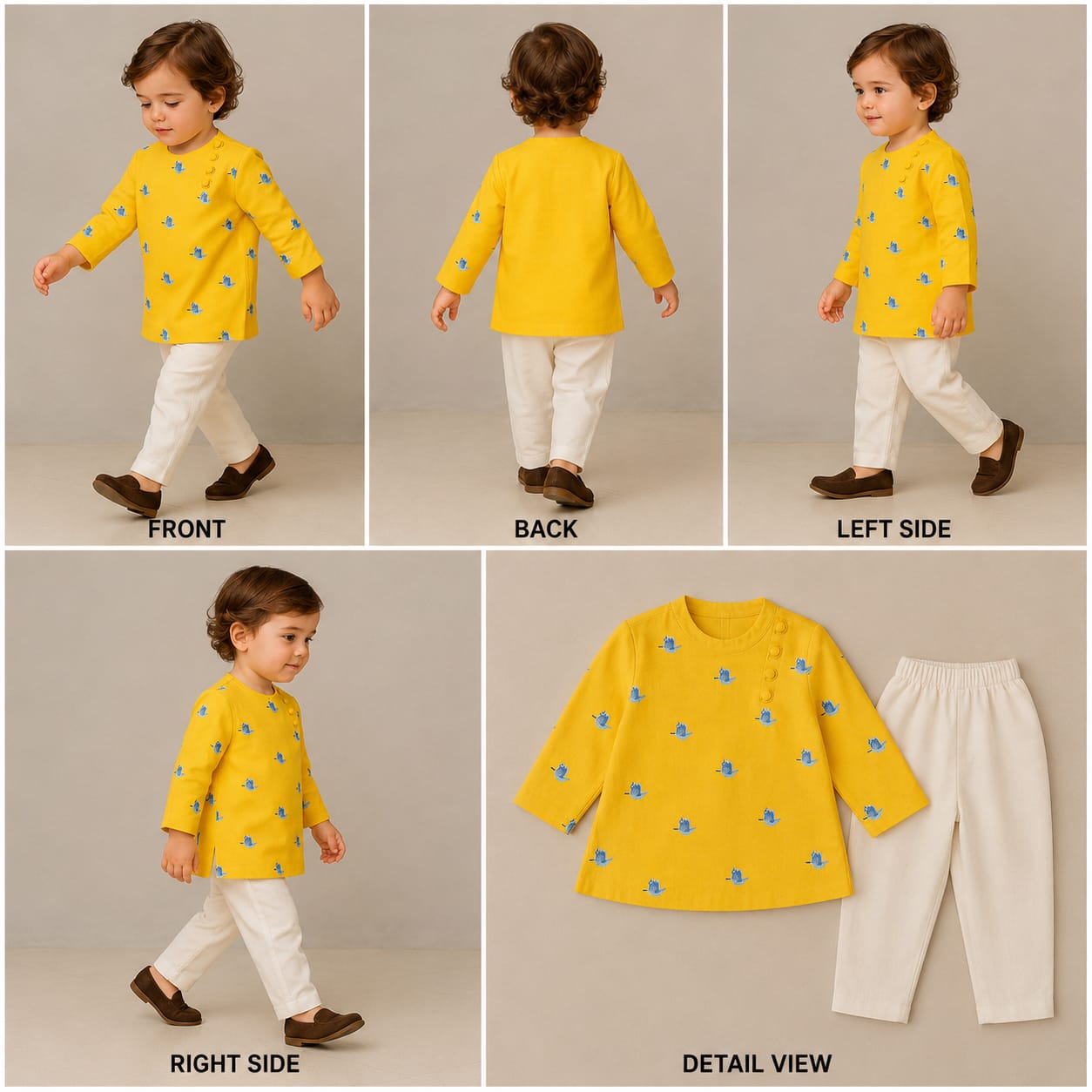 Pre Order: Yellow Colourful Bird Embroidered Chanderi Kurta With Pyjama