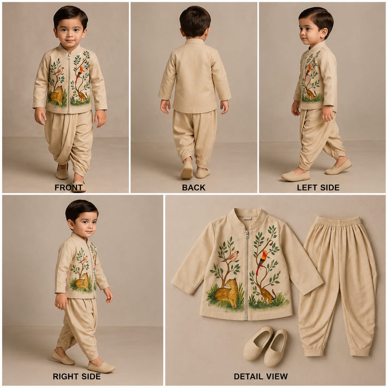 Pre Order: Birds Hand Painted Jacket And Dhoti