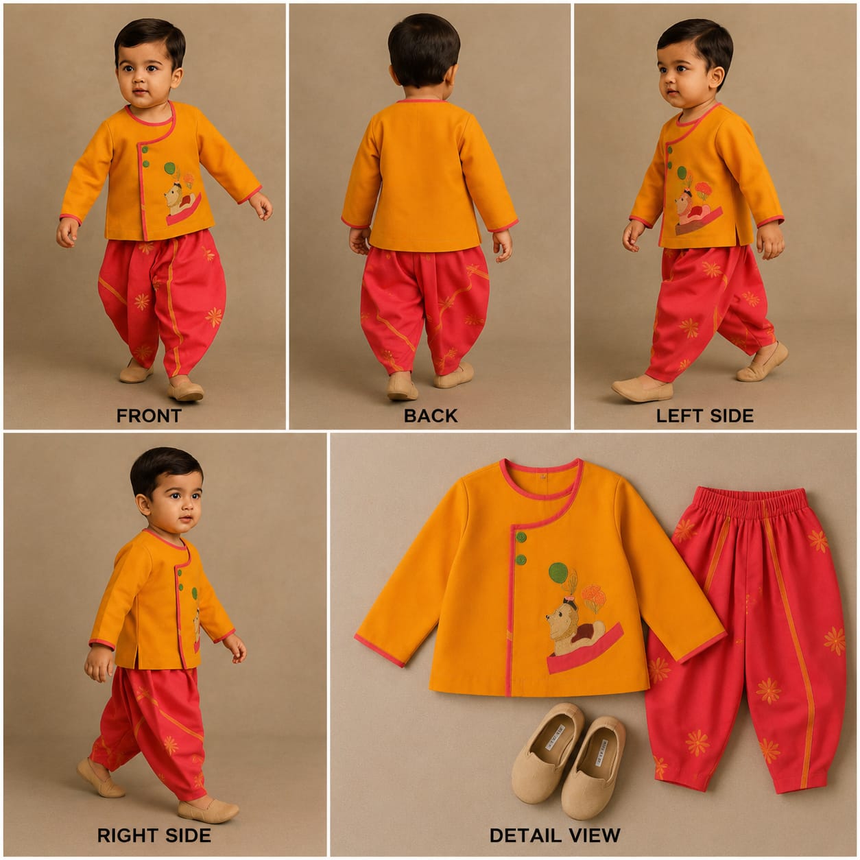 Pre Order: Front-Open Orange Kurta With Printed Pink Dhoti