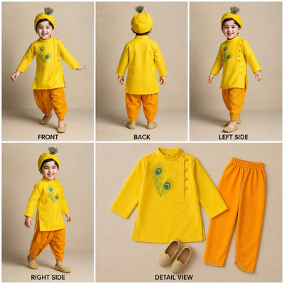 Pre Order: Yellow Morpankh Kurta And Dhoti