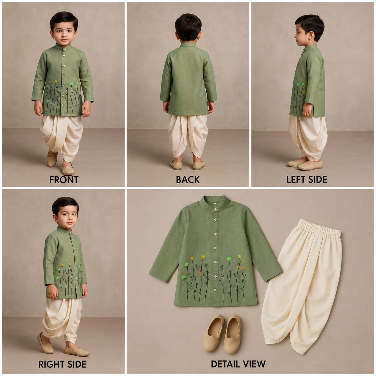Pre Order: Olive Green Garden Hand Painted Kurta And Dhoti