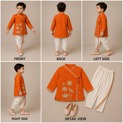 Pre Order: Embroidered Angrakha Style Orange Kurta With Lace Work Dhoti
