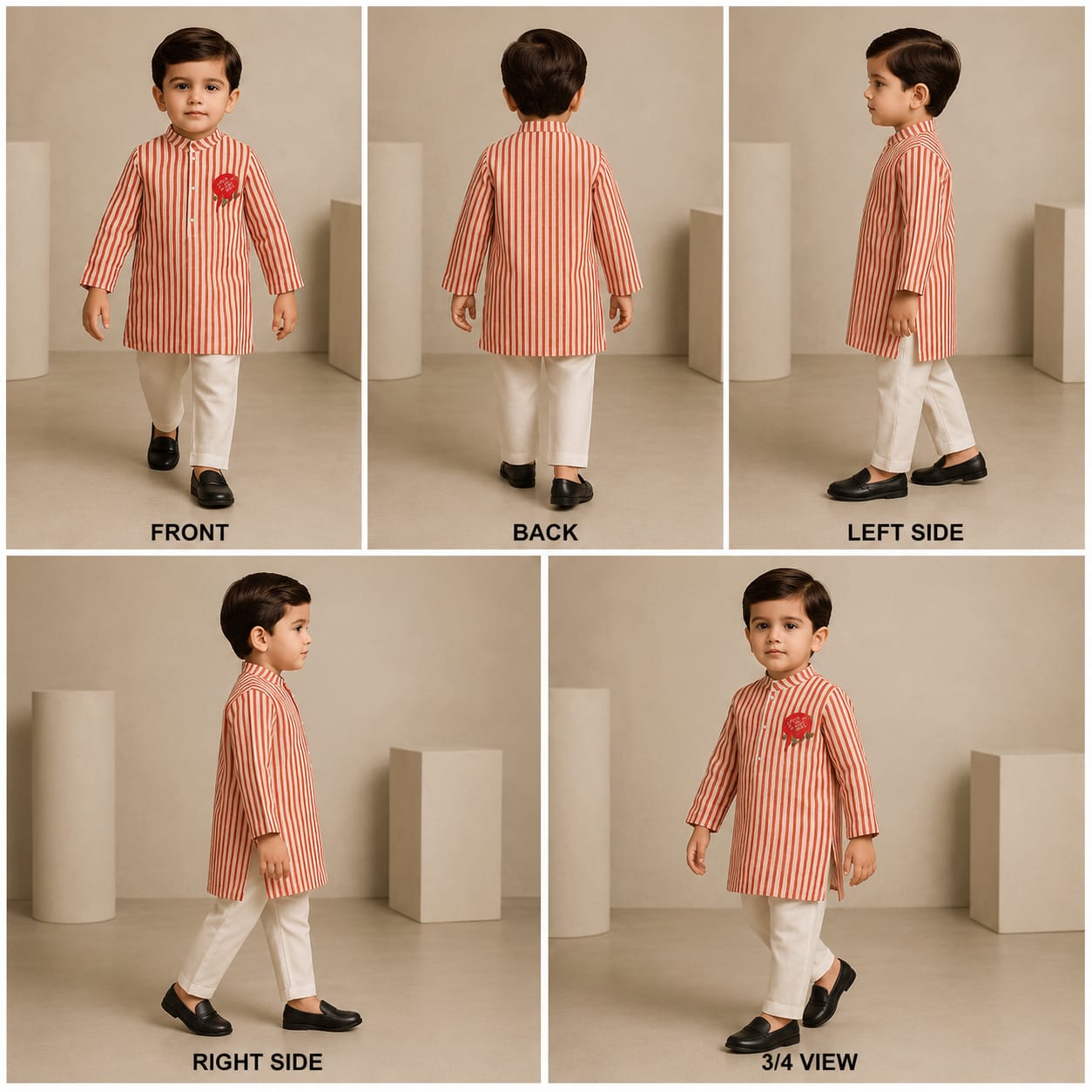 Pre Order: Red Striped Kurta With Embroidered Patch And Pyjama