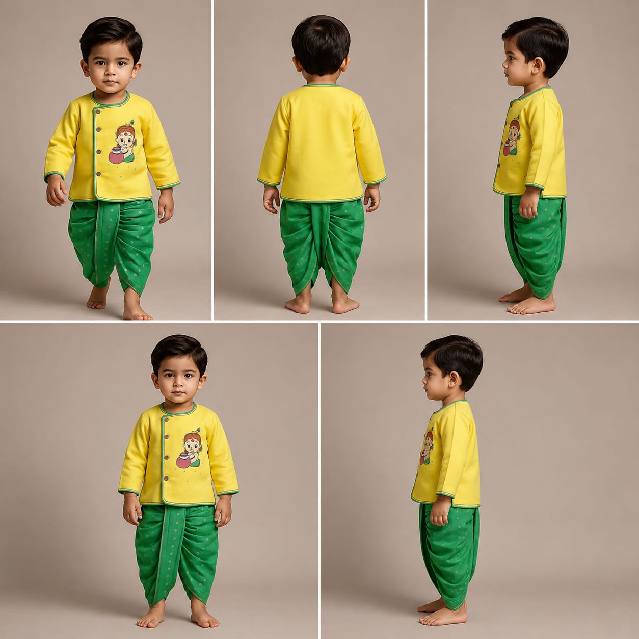 Janmashtami Special Pre Order : Cute Krishna Embroidered Yellow Kurta And Butti Dhoti