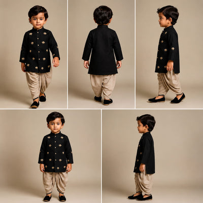 Pre Order: Floral Embroidered Black Kurta With Dhoti