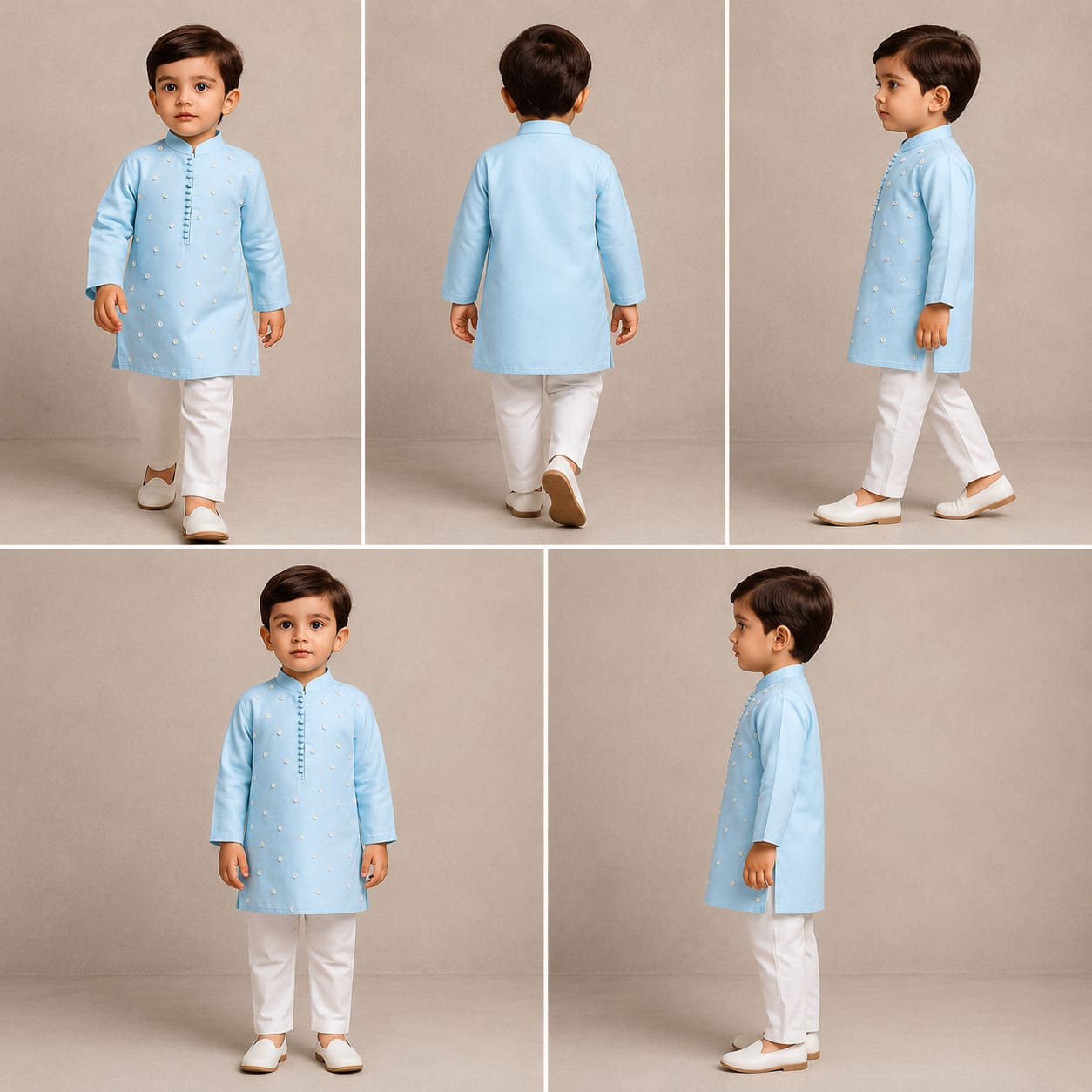 Pre Order: Flower Embellished Blue Kurta With Off White Pyjama