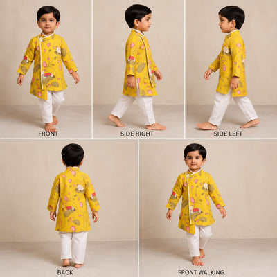 Pre Order: Cow And Lotus Printed Stylish Yellow Kurta With Pyjama