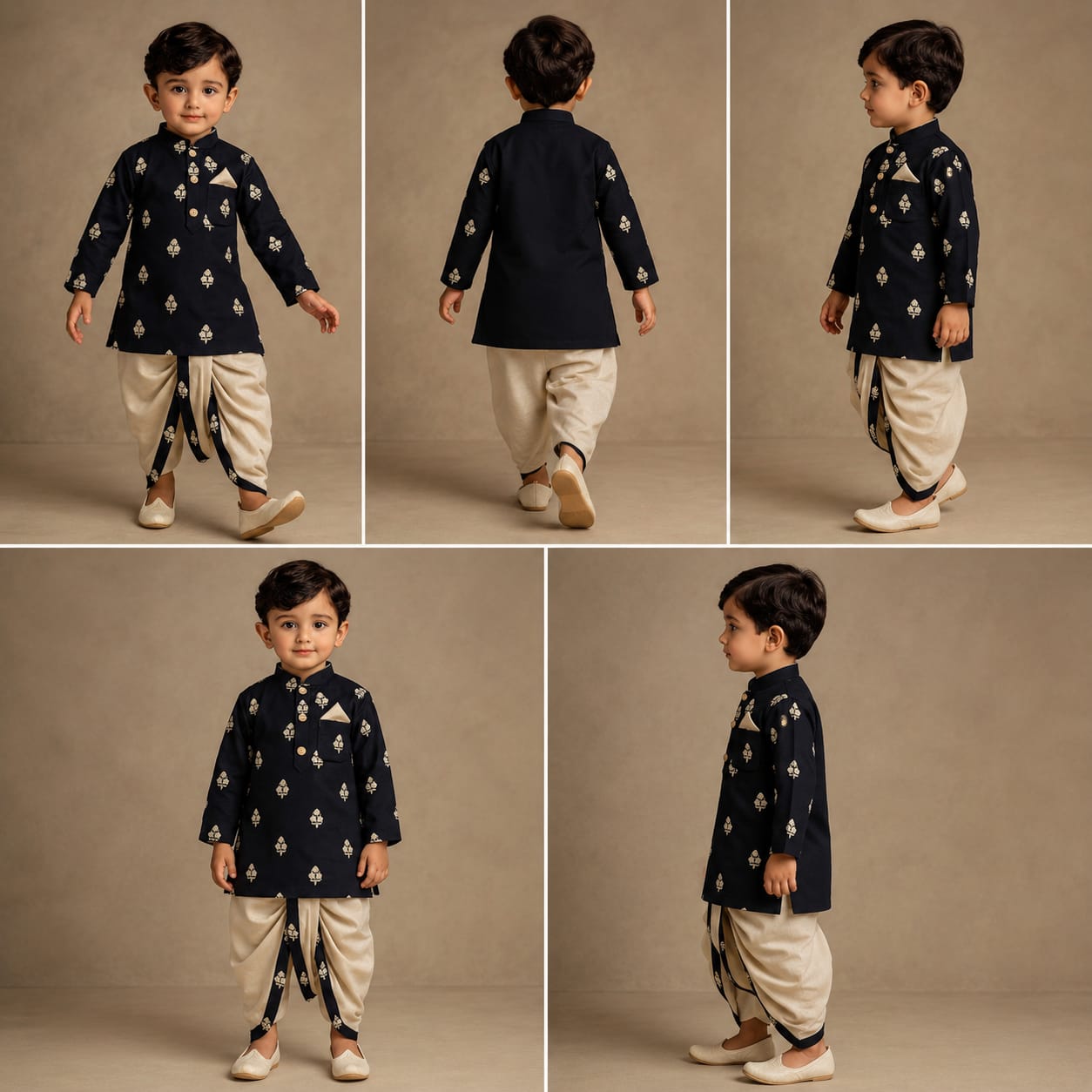 Pre Order: Embroidered Black Kurta And Beige Dhoti