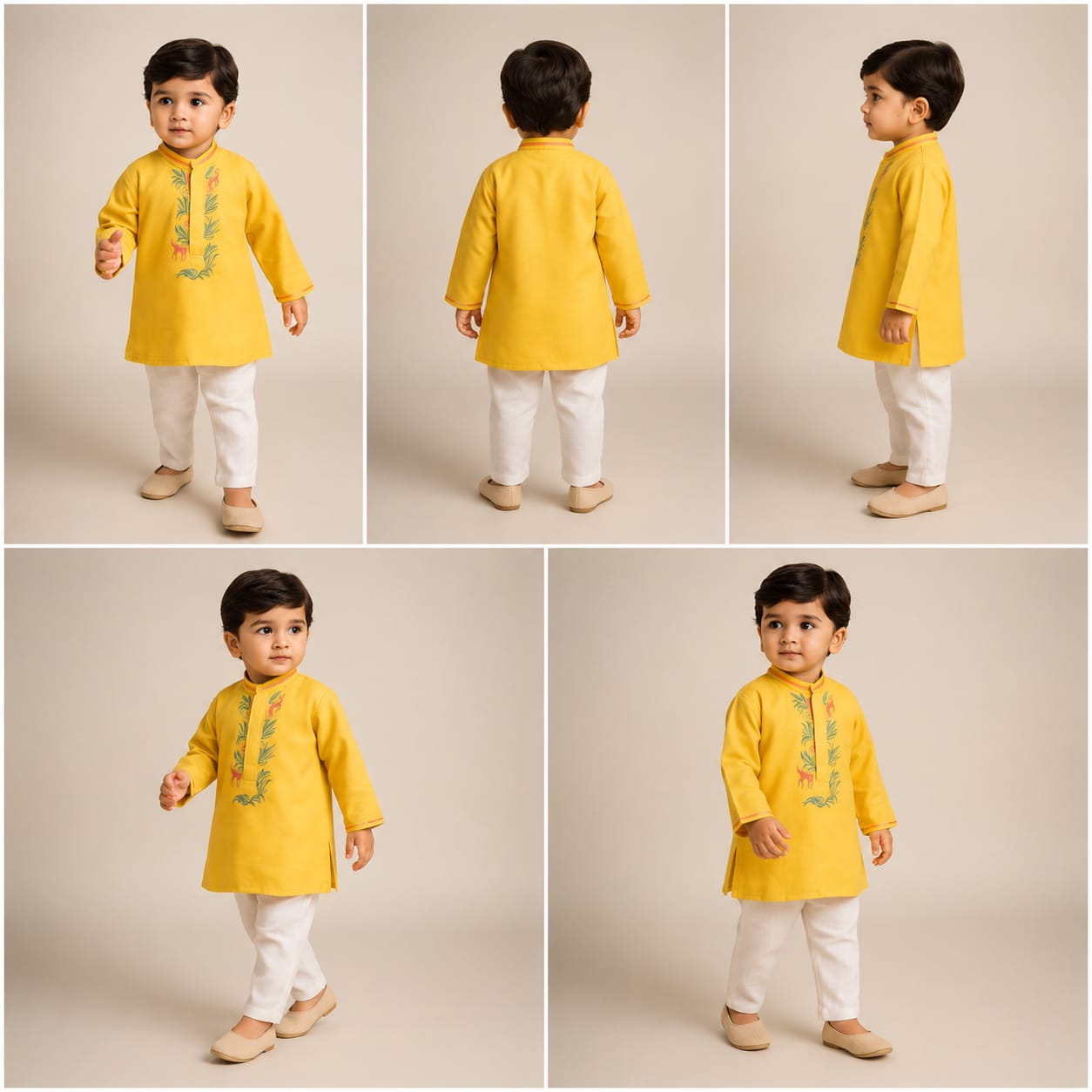 Pre Order: Yellow Kurta With Animal Embroidery And Pyjama