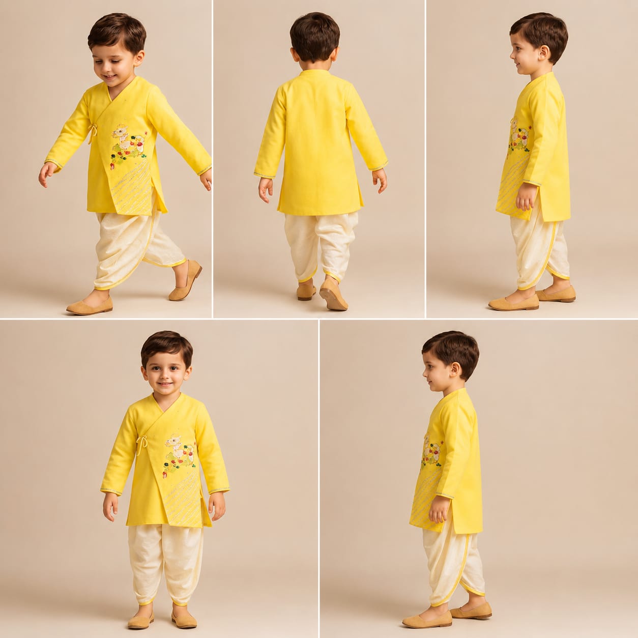Pre Order: Animal Embroidered Angarkha Style Yellow Kurta With Lace Work Dhoti