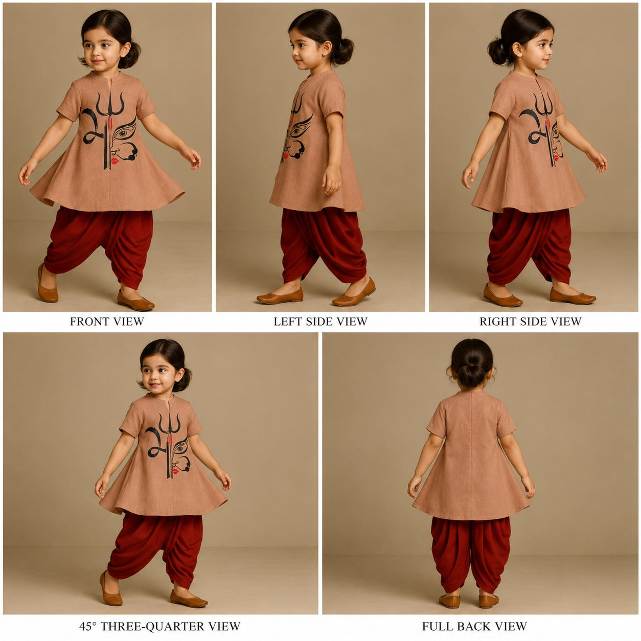 Pre Order: Mata Ji Trishool Peach Top And Red Dhoti