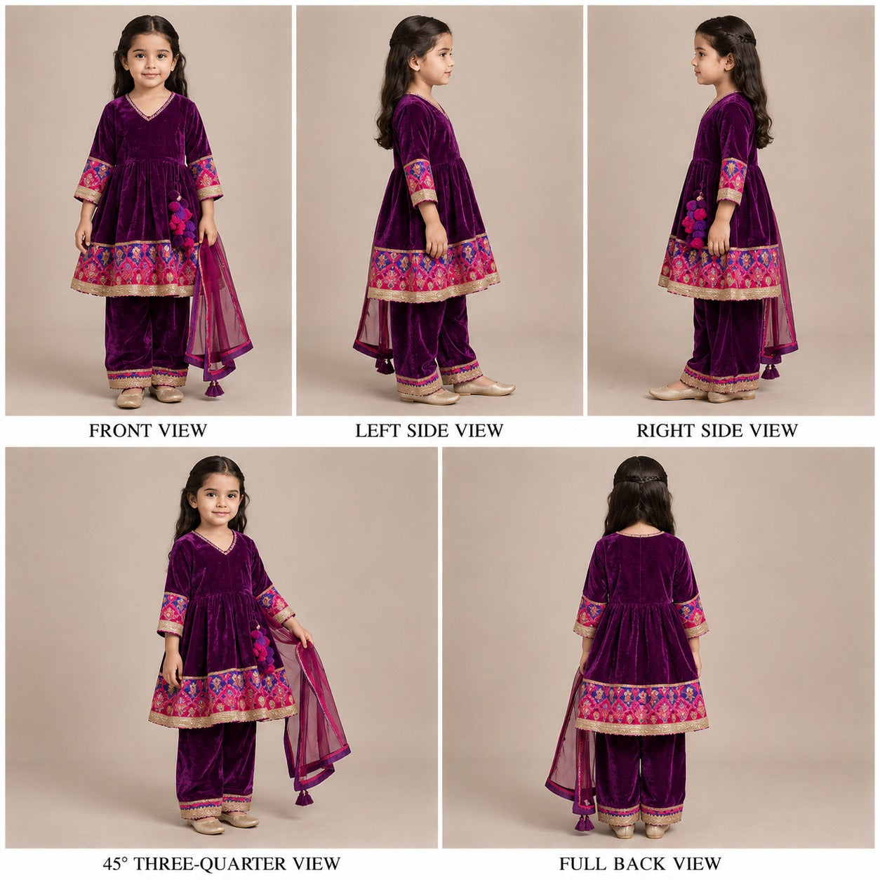 Pre Order: Purple Velvet Lace Detailed Kurti And Pant With Dupatta