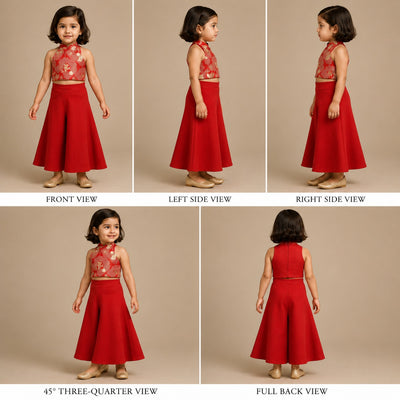 Pre Order: Red Embroidred Halter Neck Top With Flared Palazzo