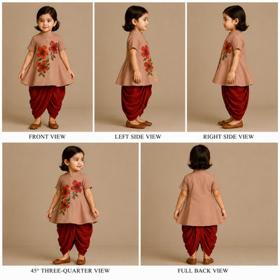 Pre Order: Floral Peach And Red Hand Painted Top And Dhoti