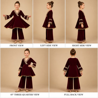 Pre Order: Maroon Embroidered Velvet Suit Set