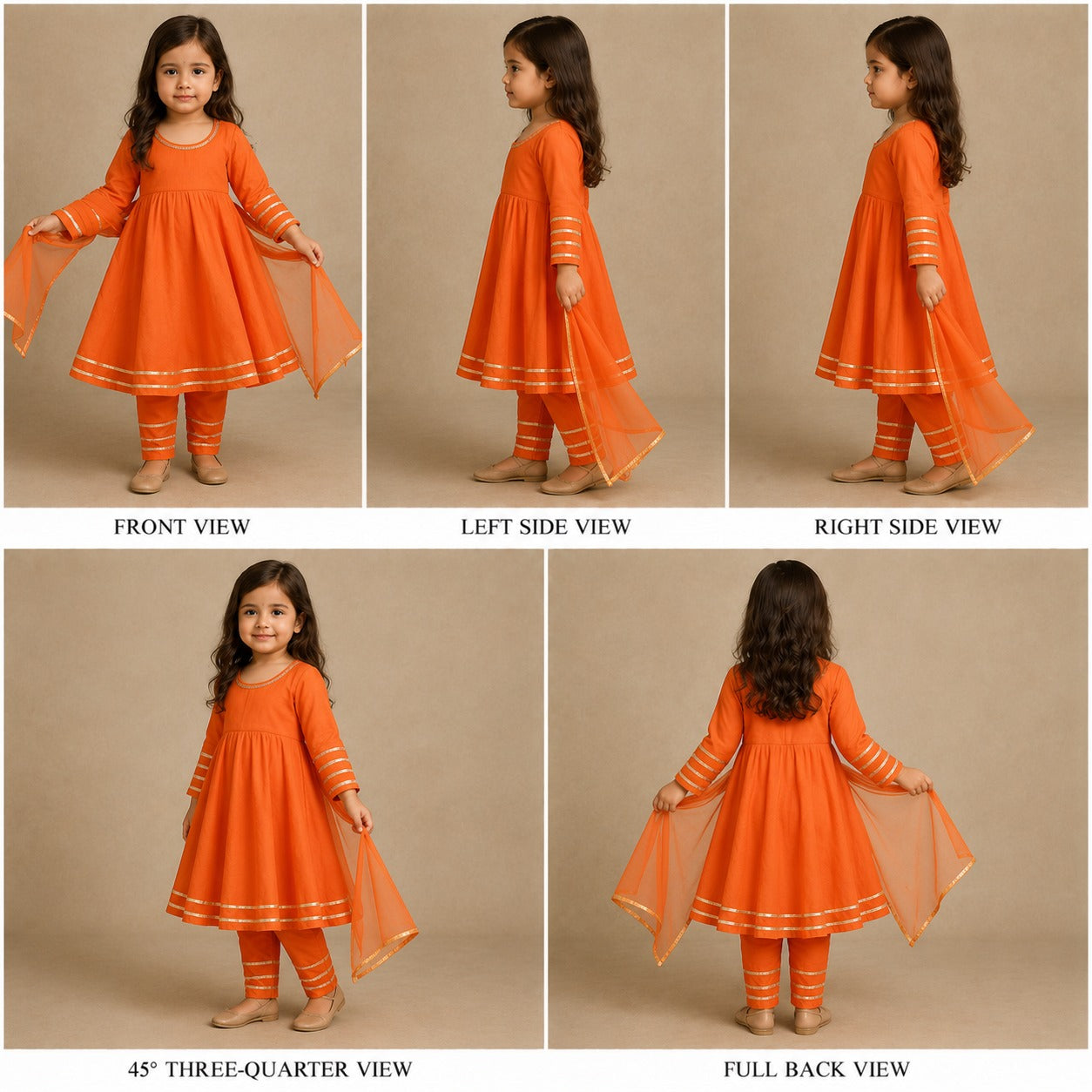 Pre Order: Gold And Orange Anarkali Set