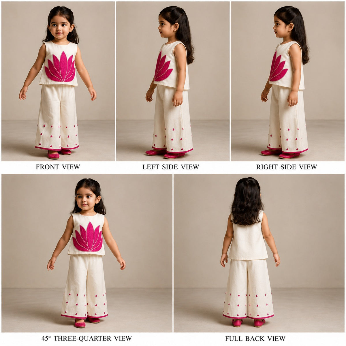 Pre Order: Off White Top With Pink Lotus Applique Embroidery And Palazzo