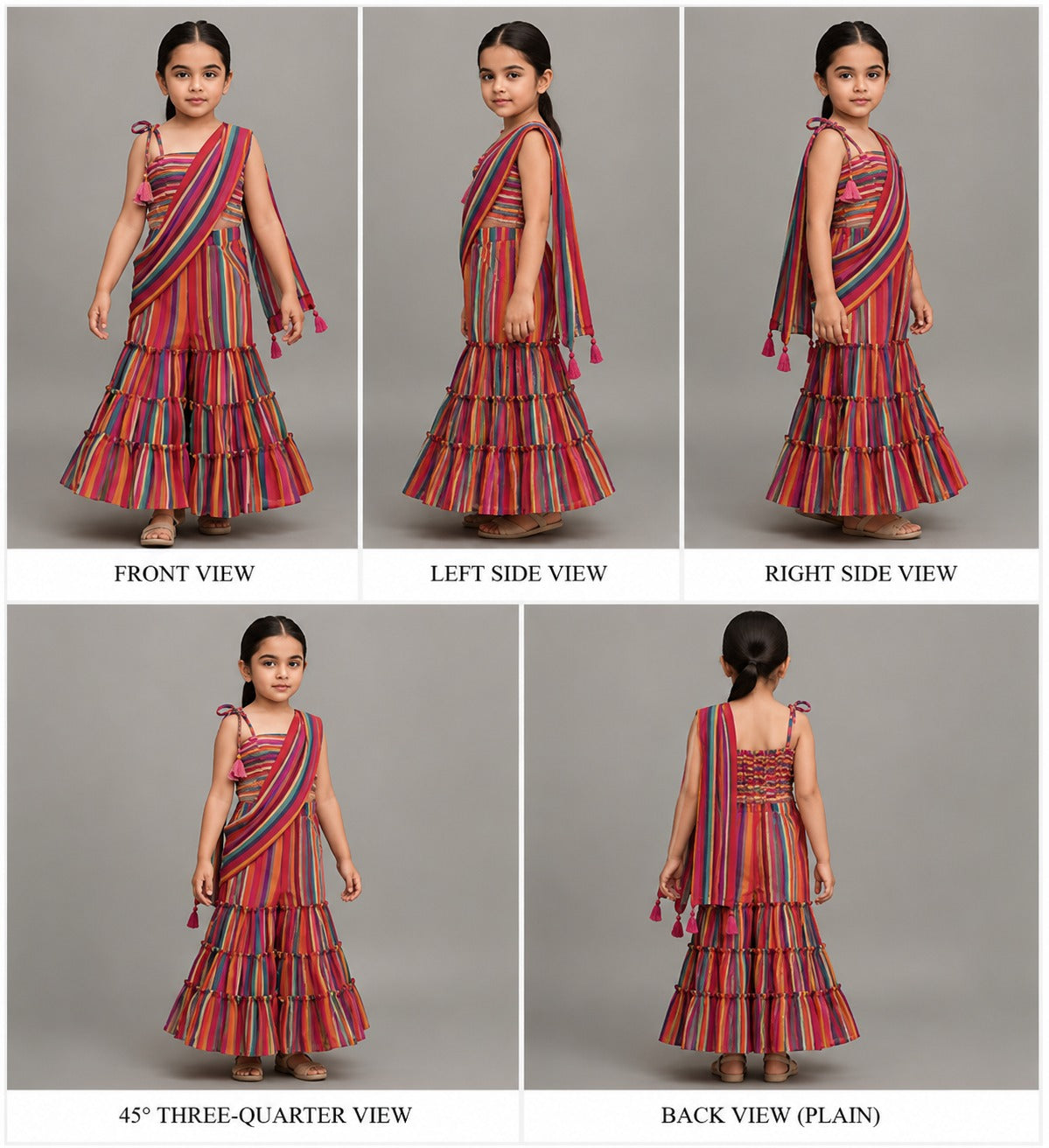 Pre Order: Gorgeous Striped Top With Tiered Sharara And Attached Drape Dupatta