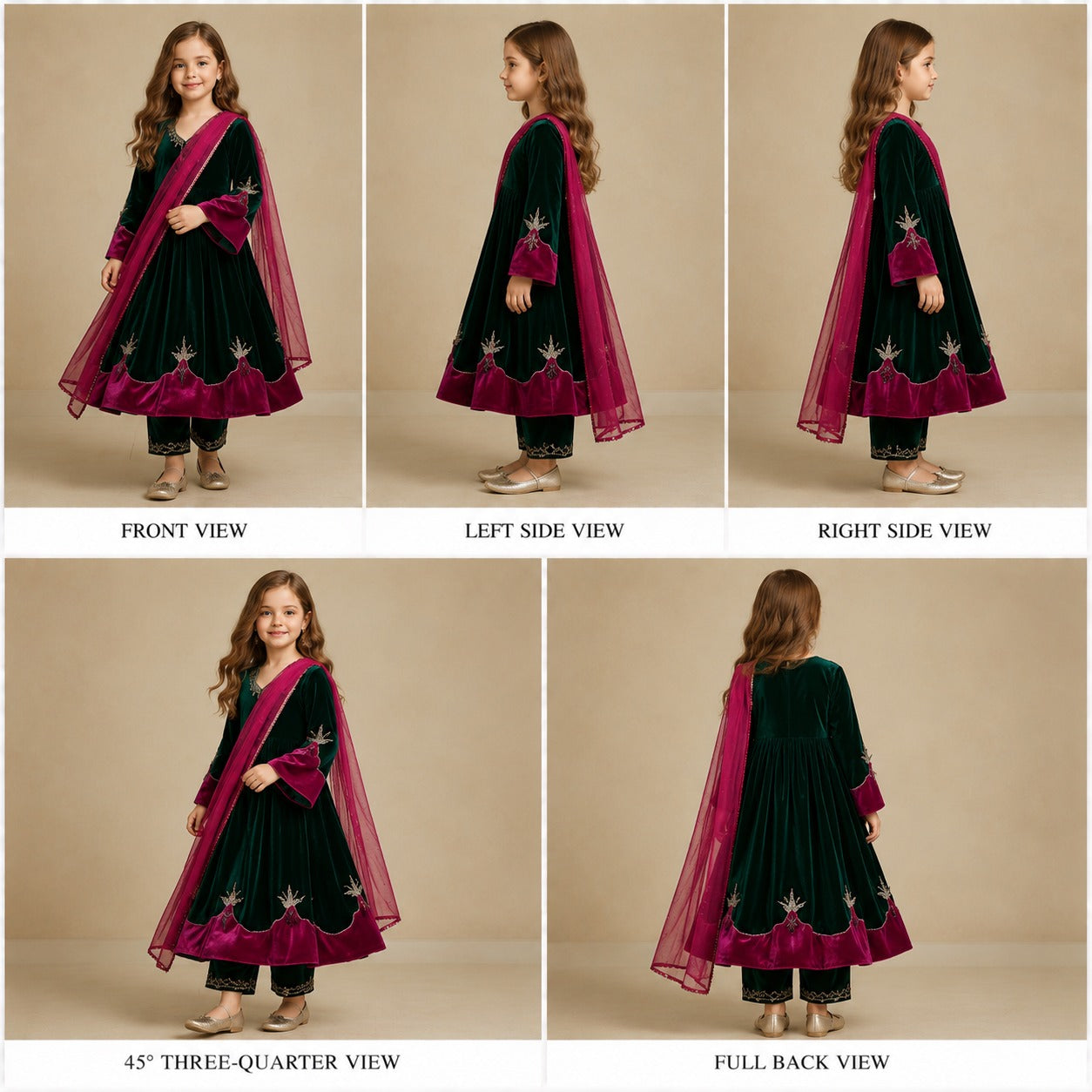 Pre Order: Green And Pink Velvet Anarkali Suit Set