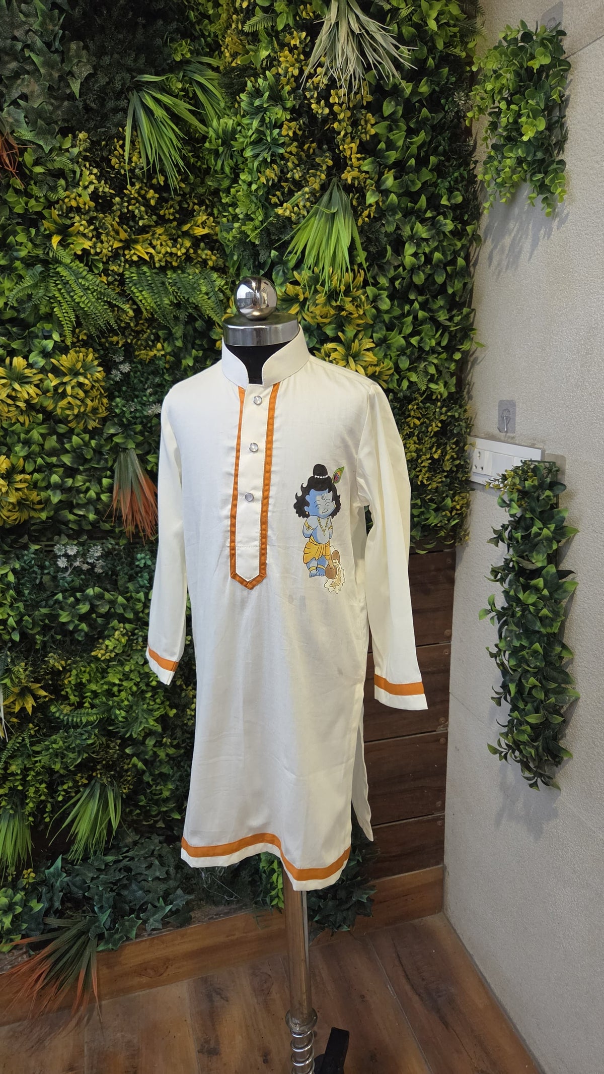 Pre Order: Krishna Off White Hand Painted Kurta With Orange Pant
