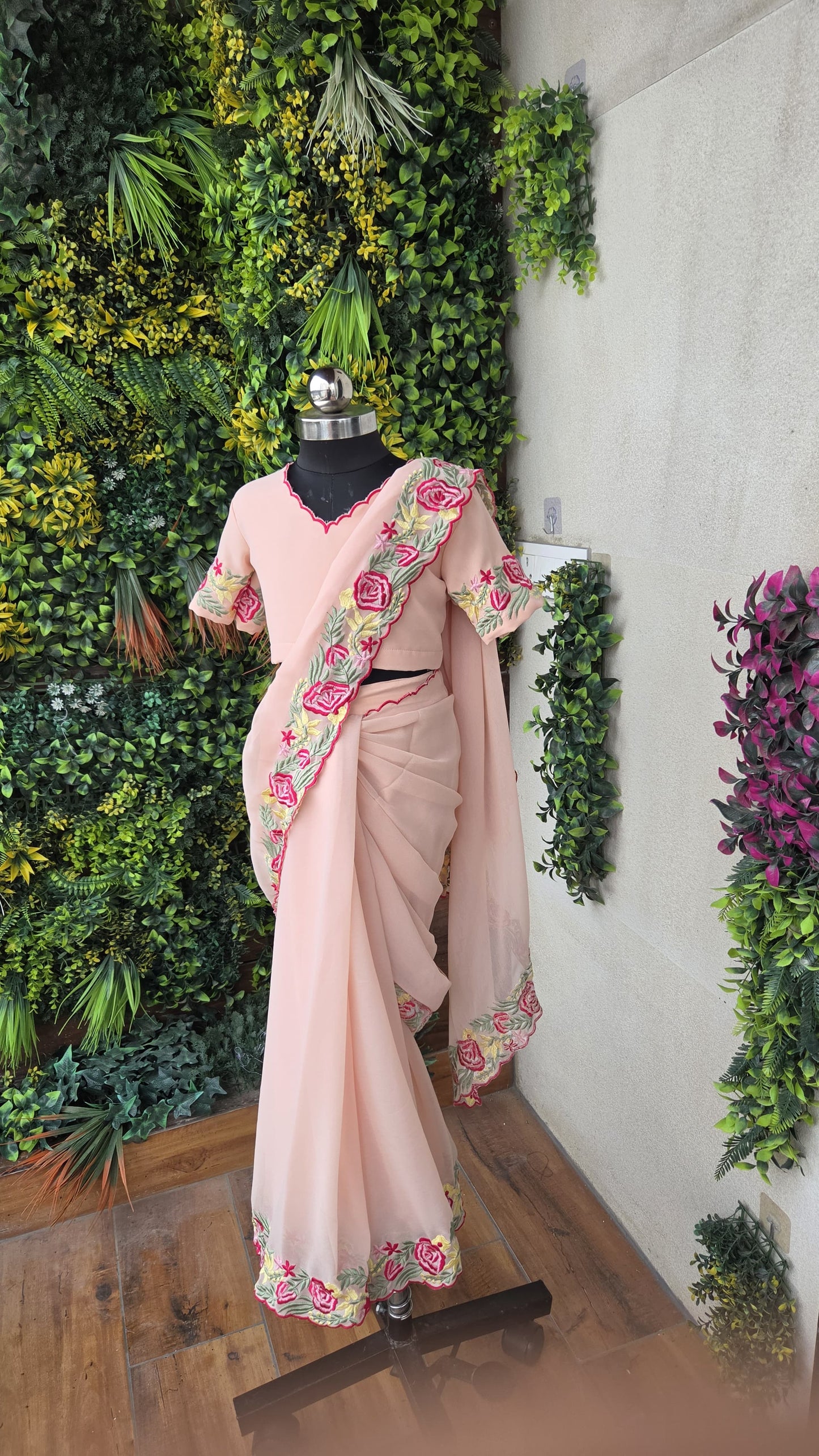 Pre Order: Pink Floral Georgette Saree