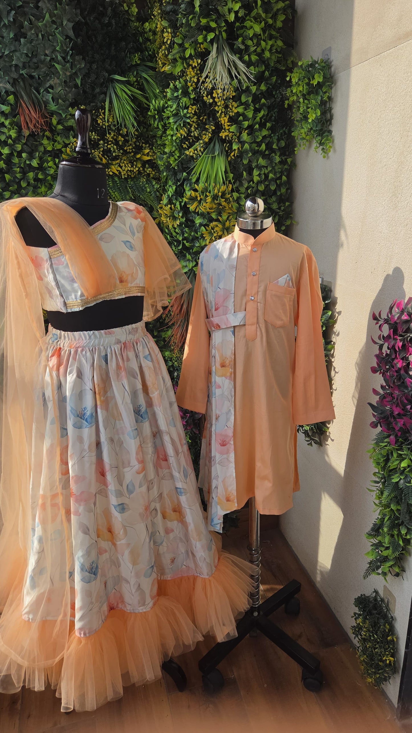 Pre Order: Peach Kurta With One Side Printed Panel And Pyjama