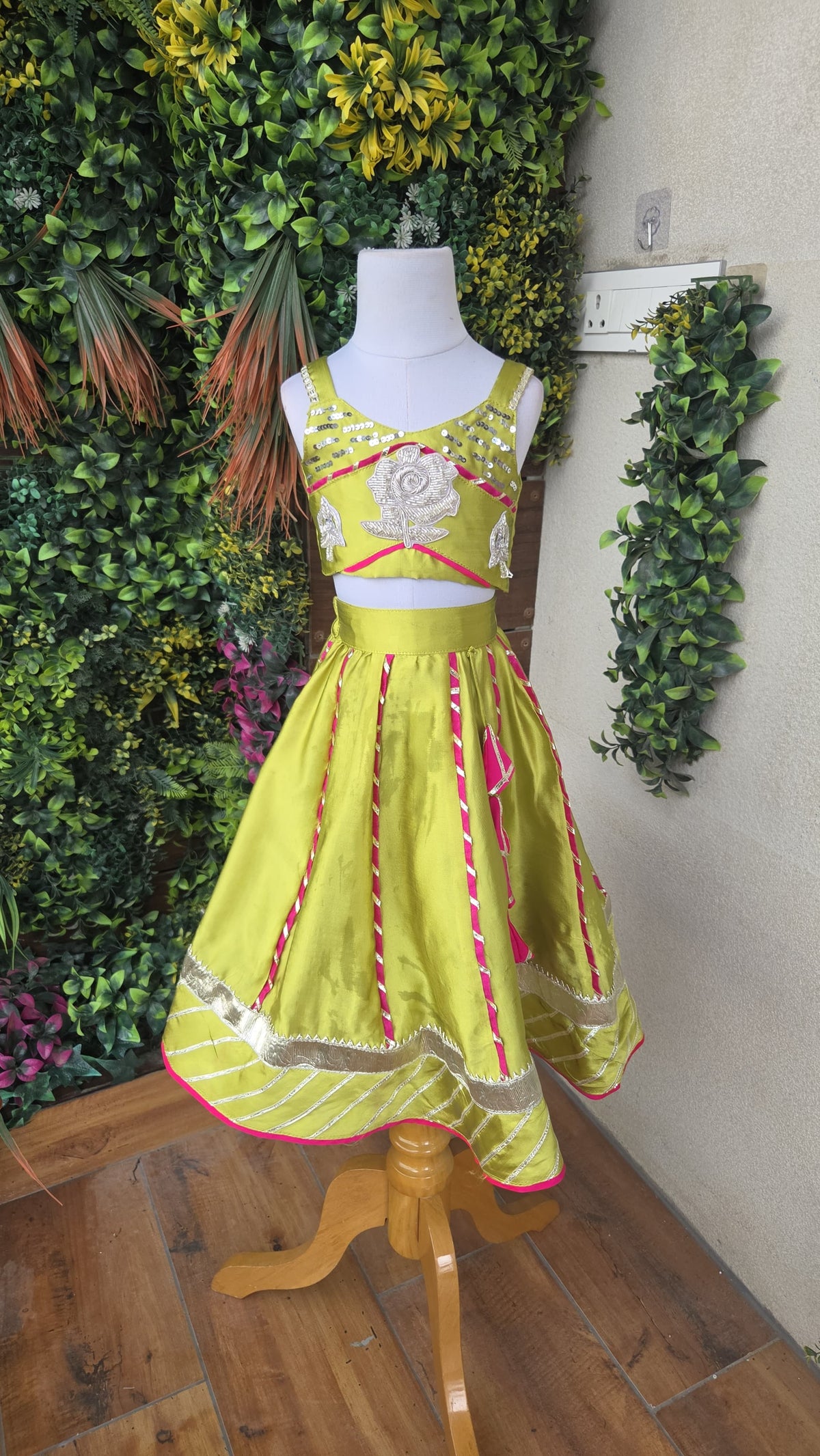 Pre Order: Green Embroidered Strappy Top And Lehenga With Dupatta