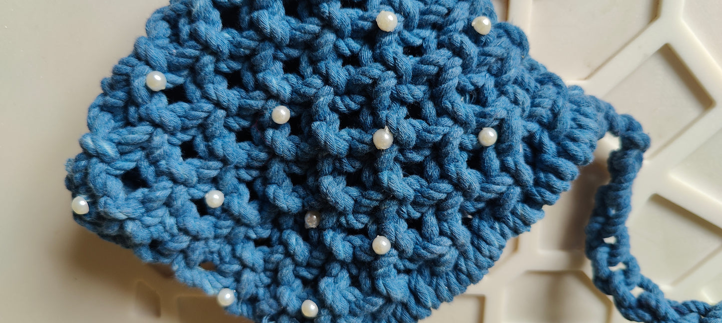 Blue Macrame Pearl Bag