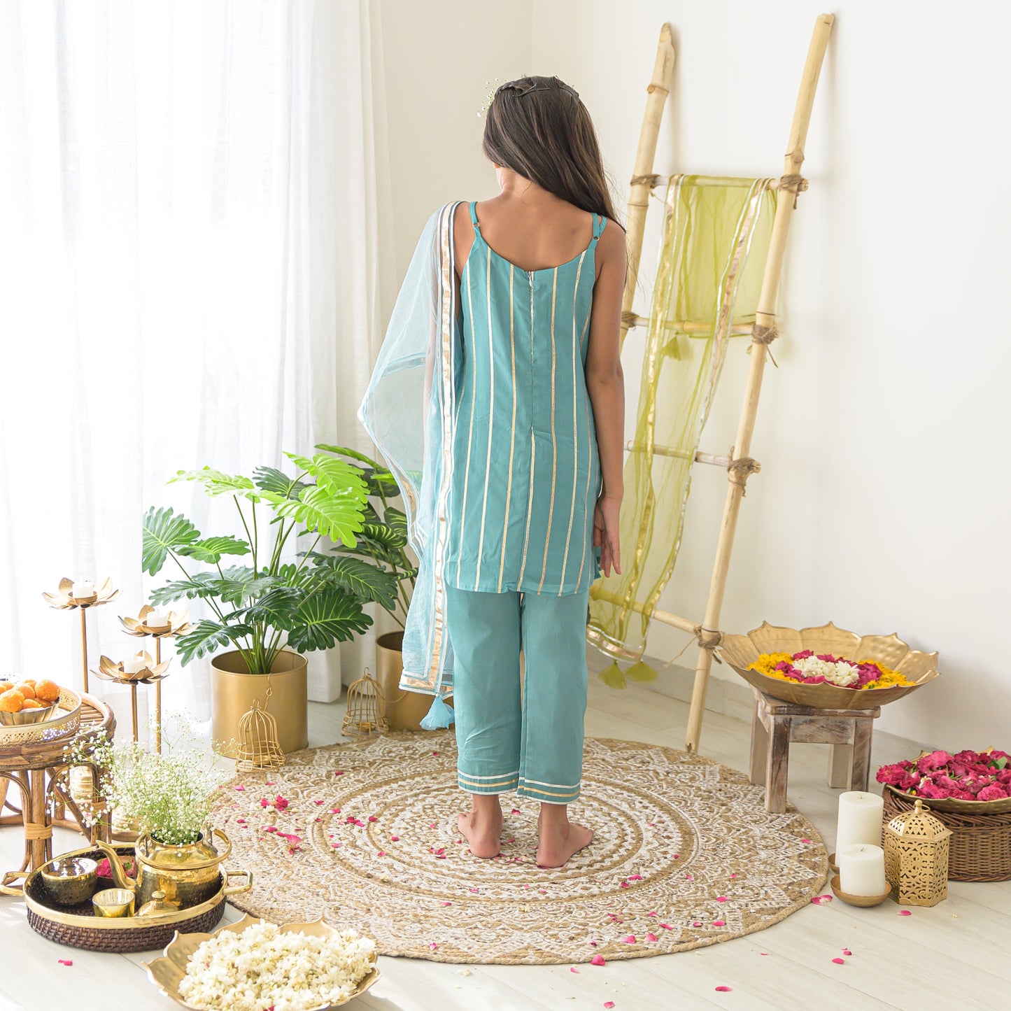 Pre Order: Turquoise Blush Gota Taffeta Silk Suit Set