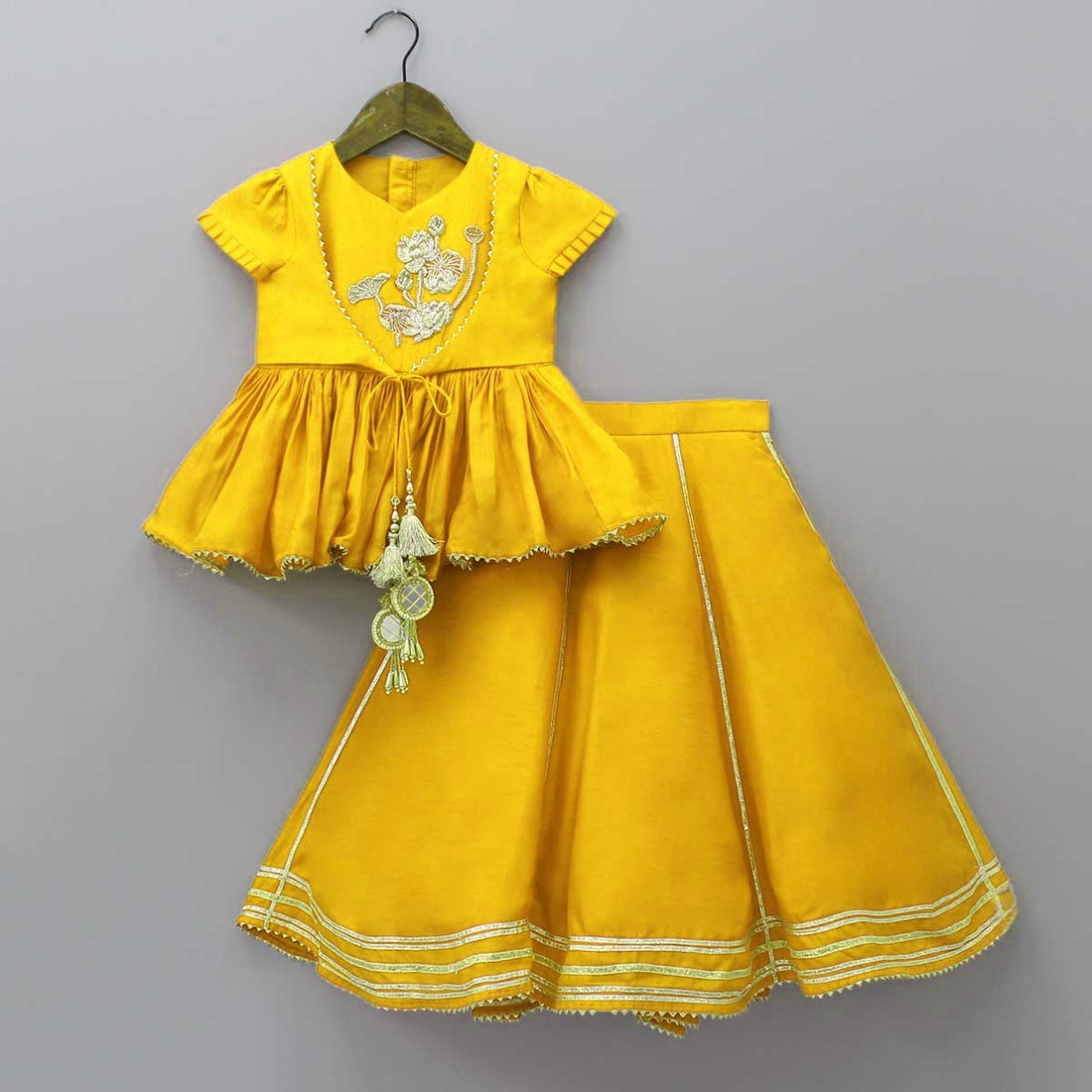 Pre Order: Embroidered Yellow Dual Flaps Top And Lehenga
