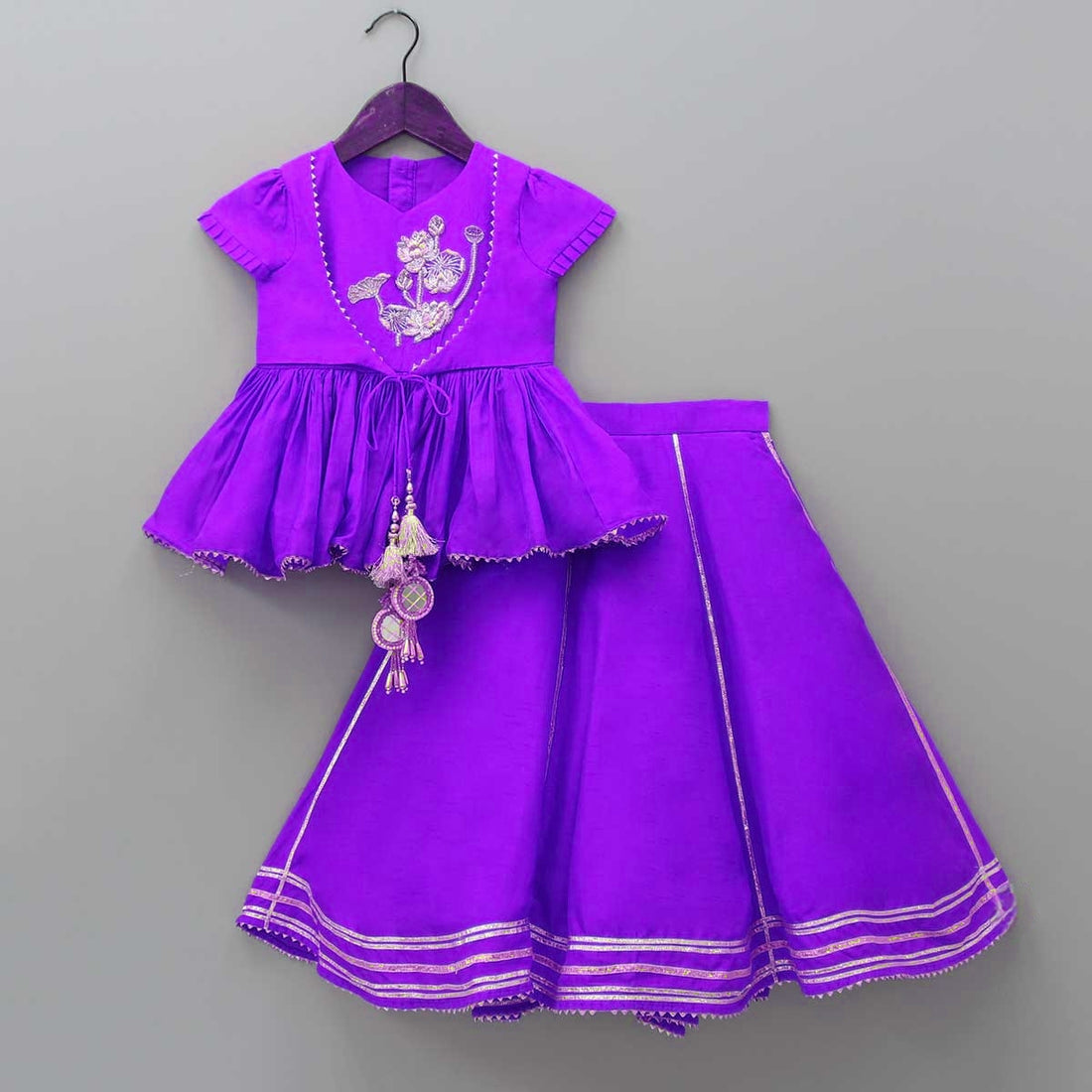 Pre Order: Embroidered Purple Dual Flaps Top And Lehenga