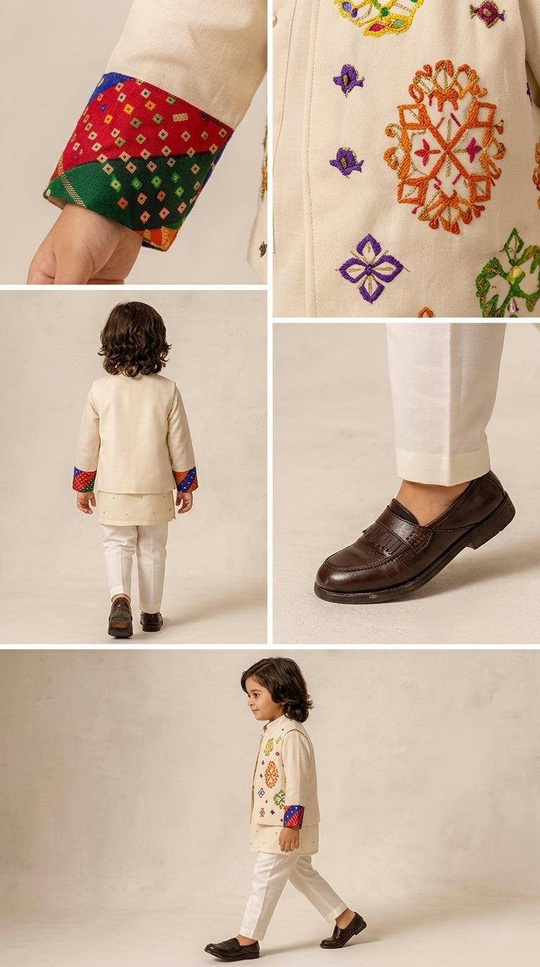 Pre Order: Mirror Embroidered Bandhej Detailed Kurta With Front Open Mirror Work Jacket And Pyjama