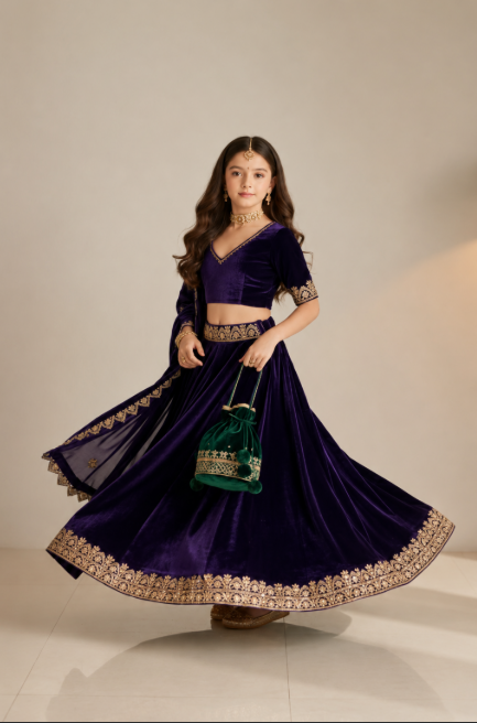 Pre Order: Purple Velvet Lehenga Set
