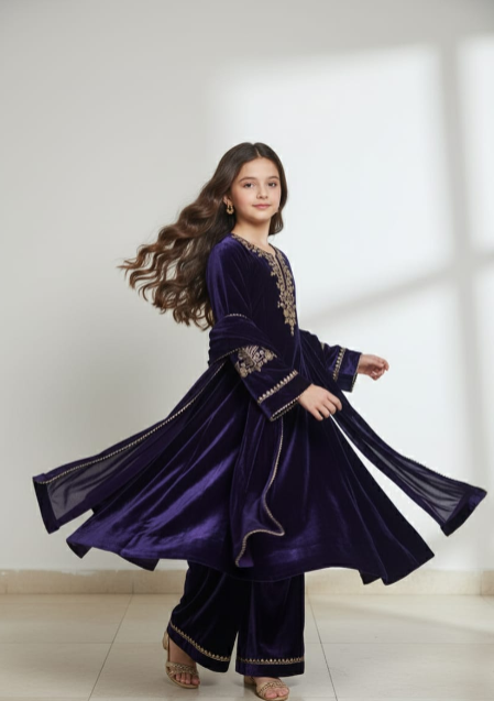 Pre Order: Purple Embroidered Velvet Anarkali Suit Set