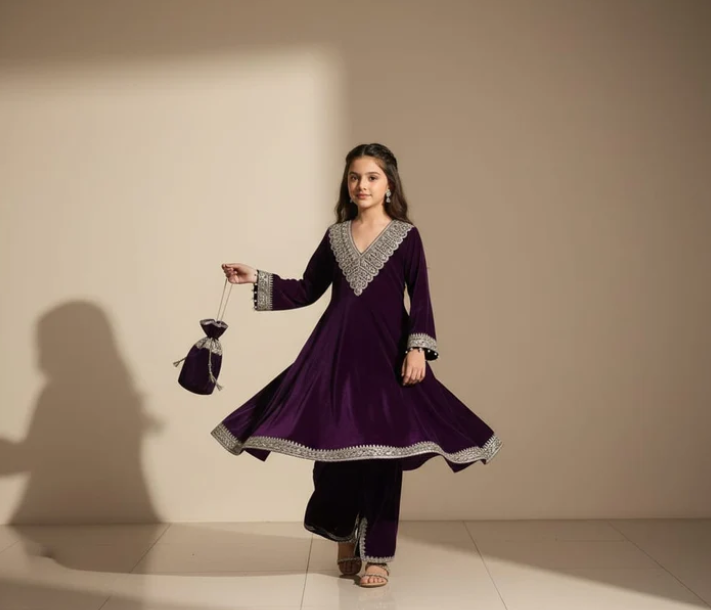 Pre Order:Wine lace work Velvet Anarkali Suit Set
