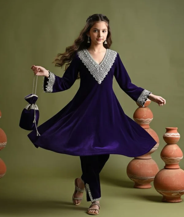 Pre Order: Purple Velvet Anarkali Suit Set