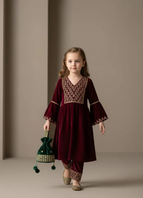 Pre Order: Red Embroidered Velvet Suit Set